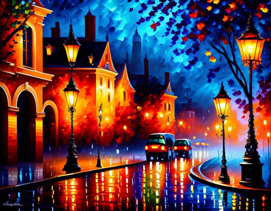 Colorful painting: Rainy evening street with illuminated buildings