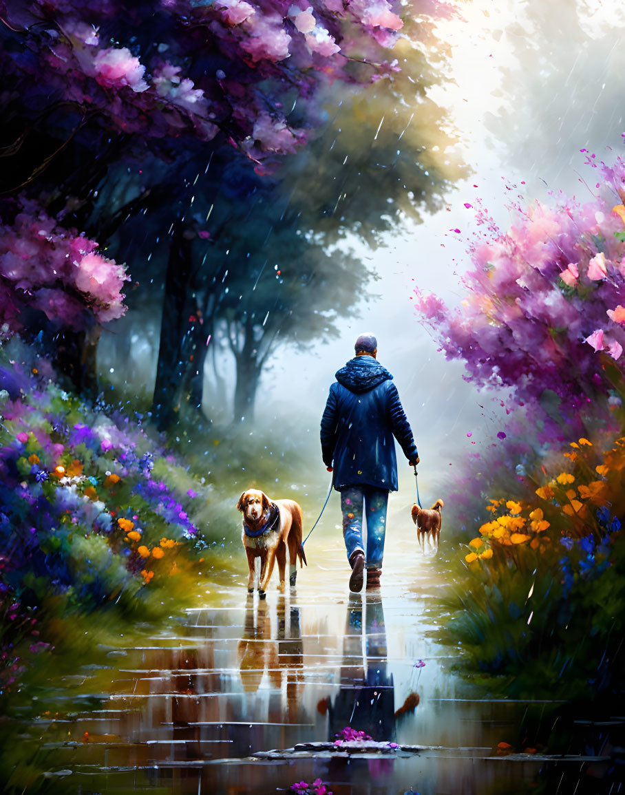 Person walking golden retriever on rain-soaked path with vibrant purple and orange flowers in misty atmosphere