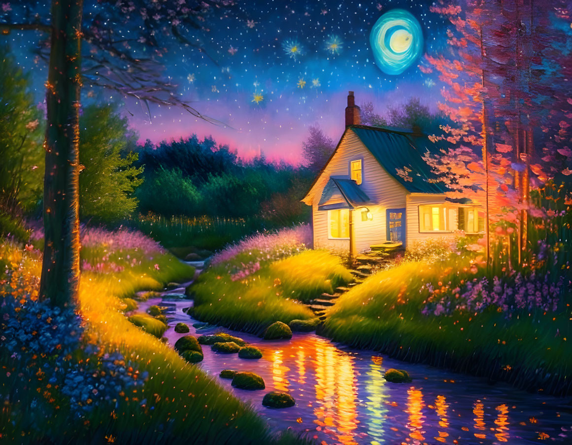 Cozy cottage by stream under starry night sky