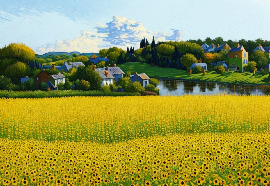 Colorful landscape with sunflowers, houses, trees, and hills under a blue sky