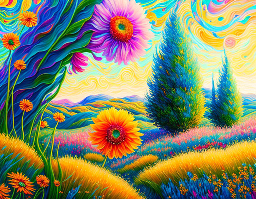 Colorful Landscape Painting with Stylized Trees & Exaggerated Flowers