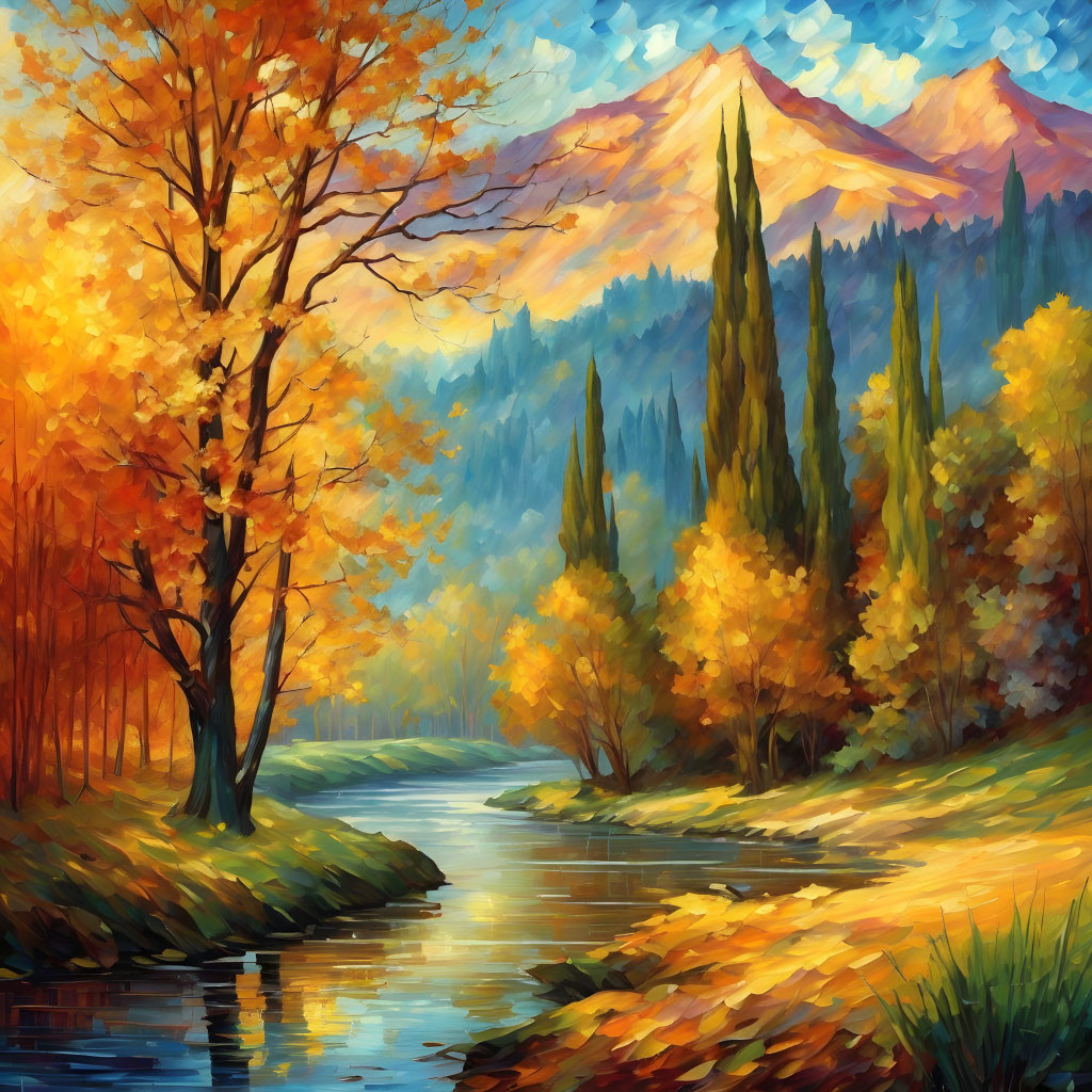 Autumn Landscape Painting with River, Trees, and Mountain