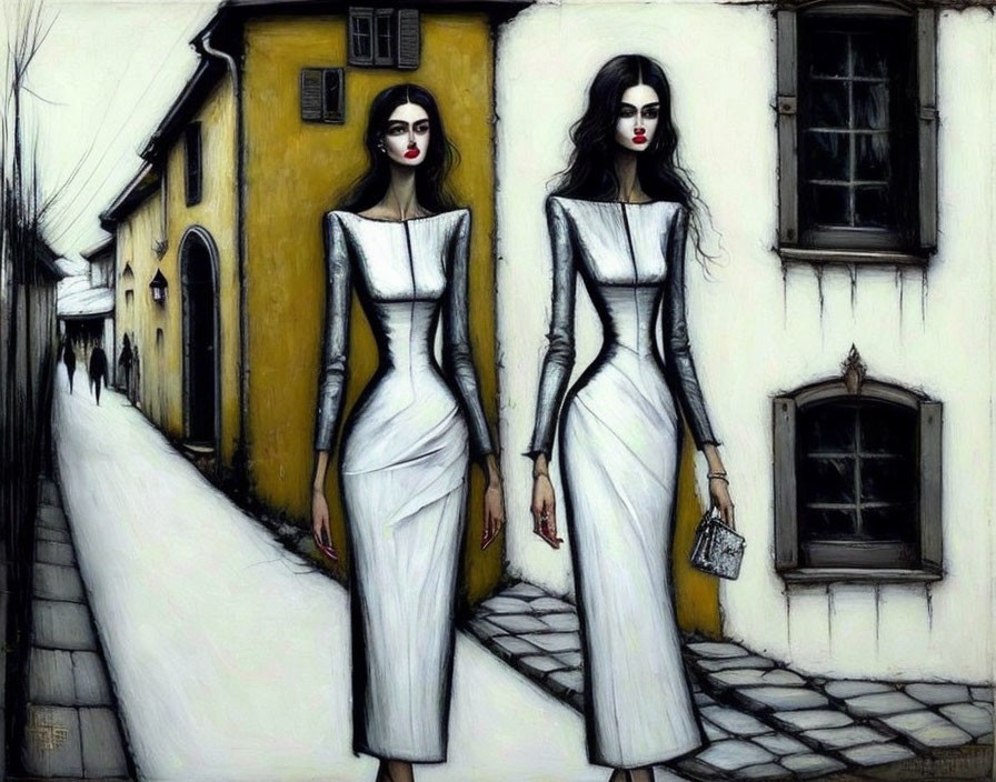 Stylized women with long dark hair in white dresses on quaint street