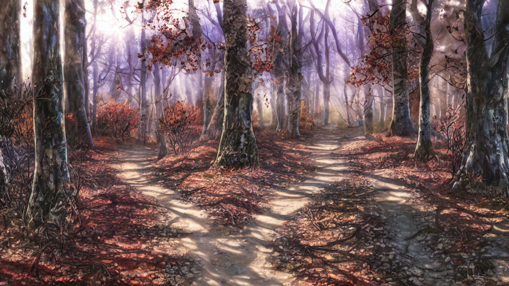 Ethereal forest with sun rays, mist, red leaves, and shadows