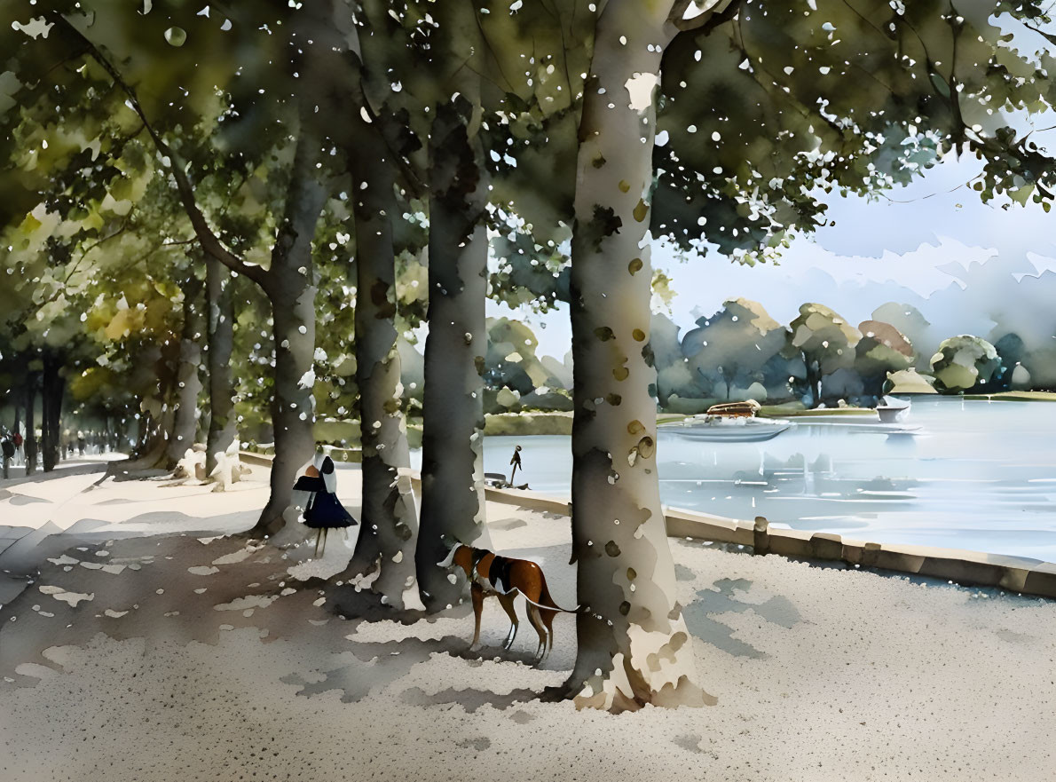 Tranquil park scene with trees, sunlight, person with dog, and calm river