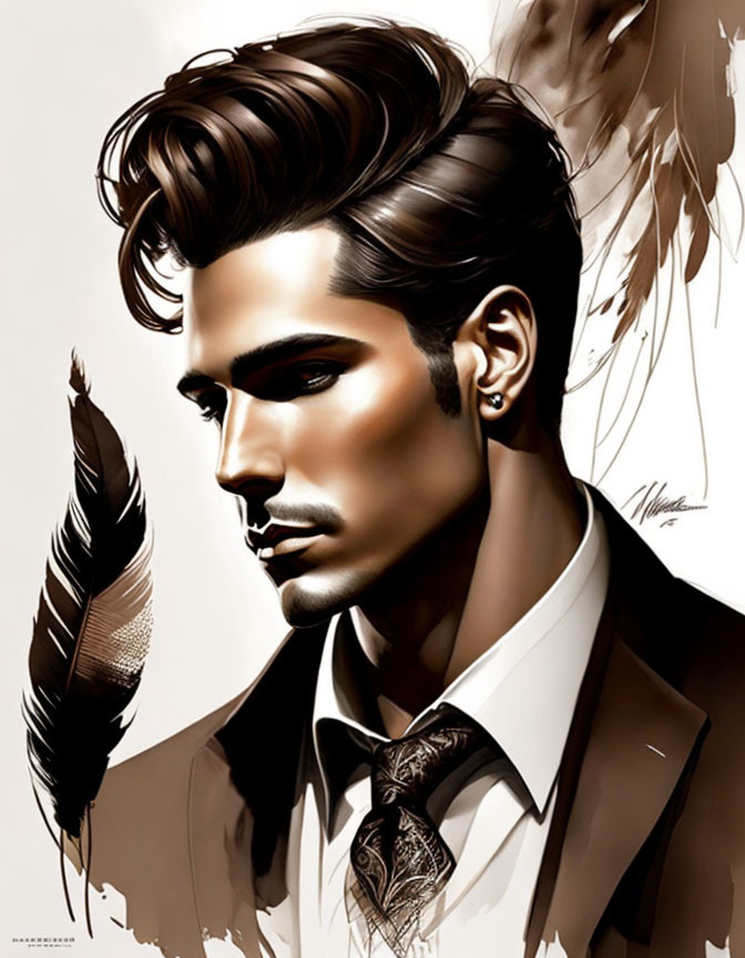 Stylish man with pompadour hairstyle in suit and earring, feather motif backdrop