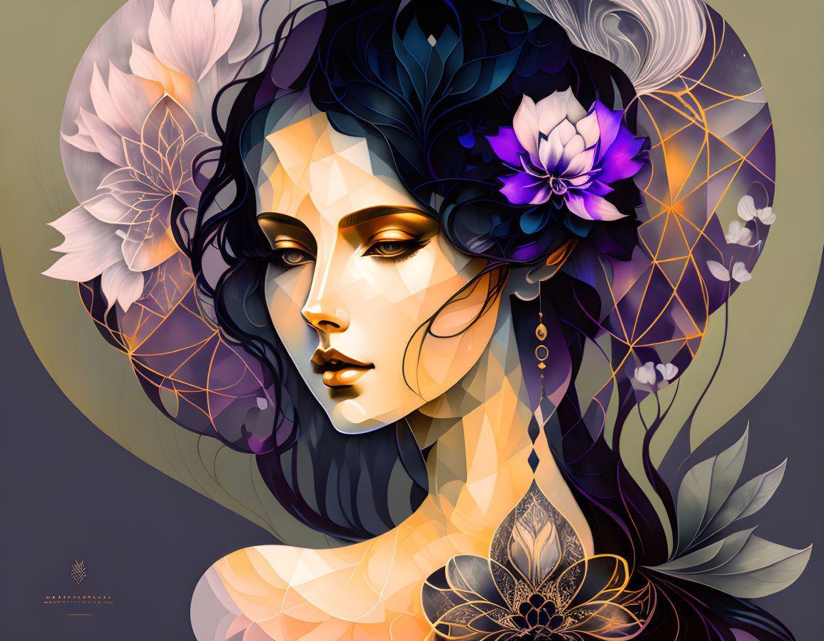 Illustration of Woman with Dark Hair and Floral Adornments