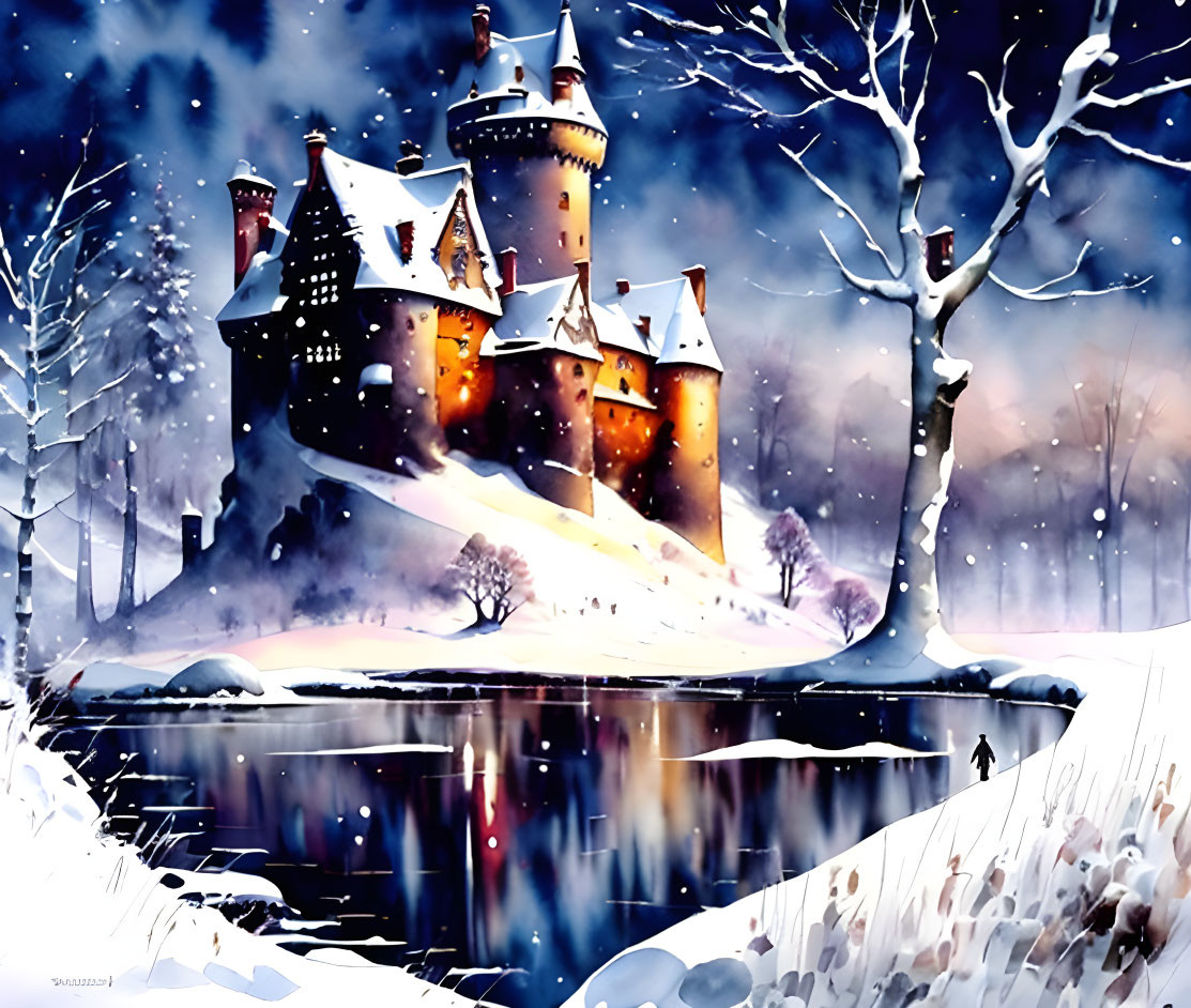 Snowy Castle Scene: Grand castle in winter snow with lone figure by lake