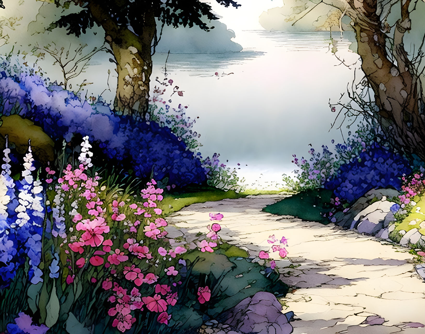 Tranquil garden path with pink and purple flowers by misty lakeside