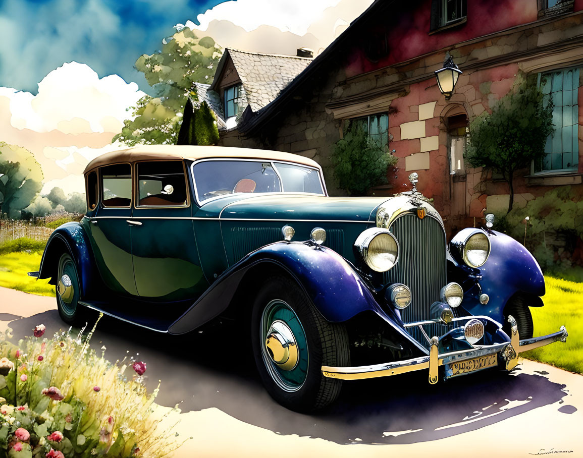 Vintage Car Parked Outside Quaint House with Lush Greenery