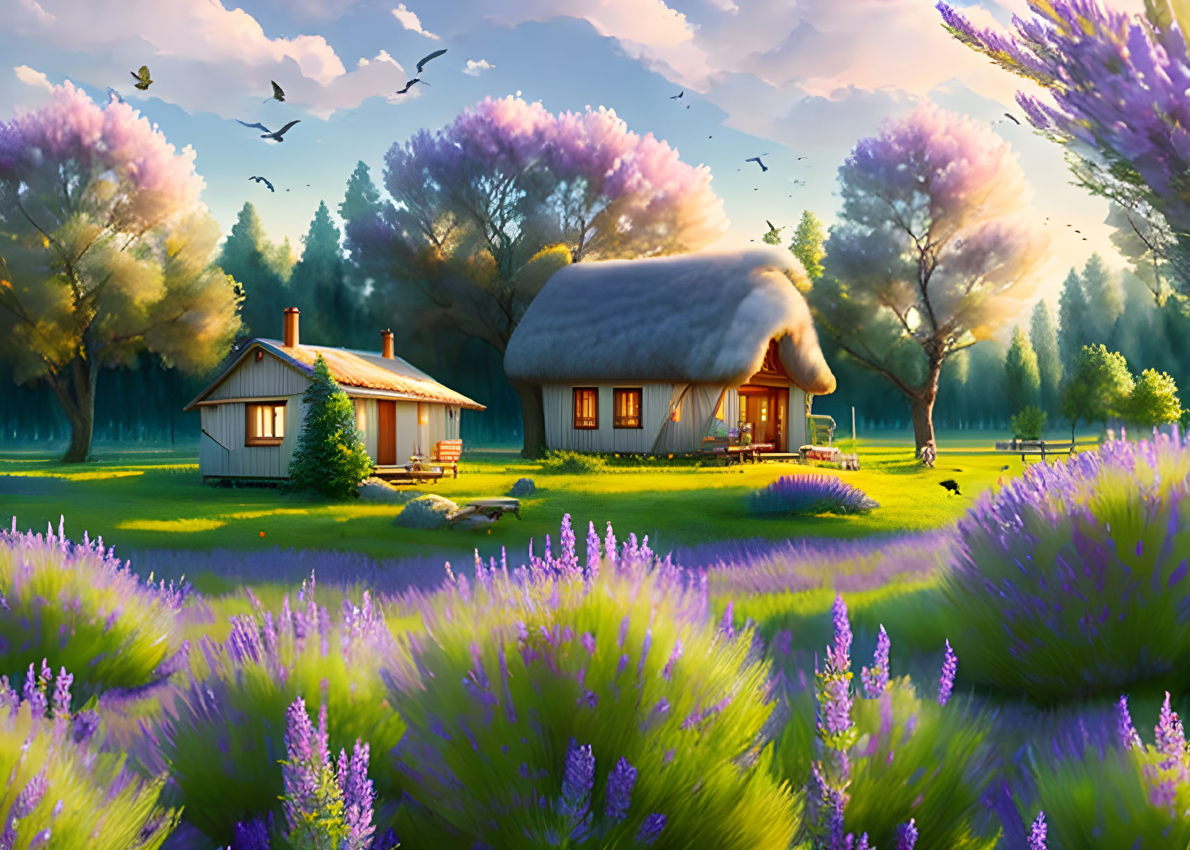 Tranquil countryside landscape with lavender fields and cozy cottage