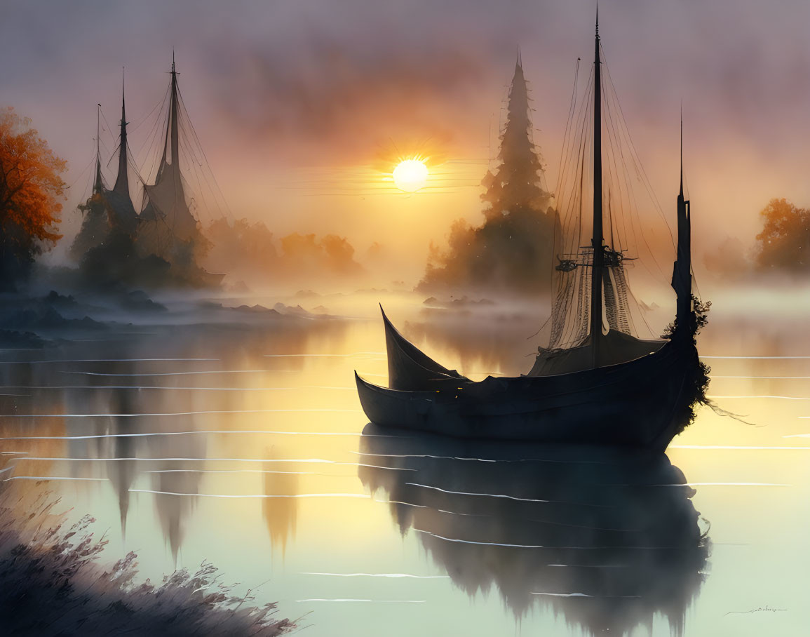 Tranquil misty river at sunrise with sailboat silhouettes