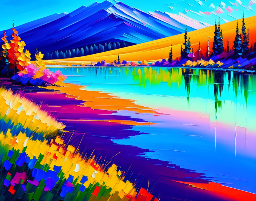 Colorful Abstract Mountain Landscape with Reflective Lake