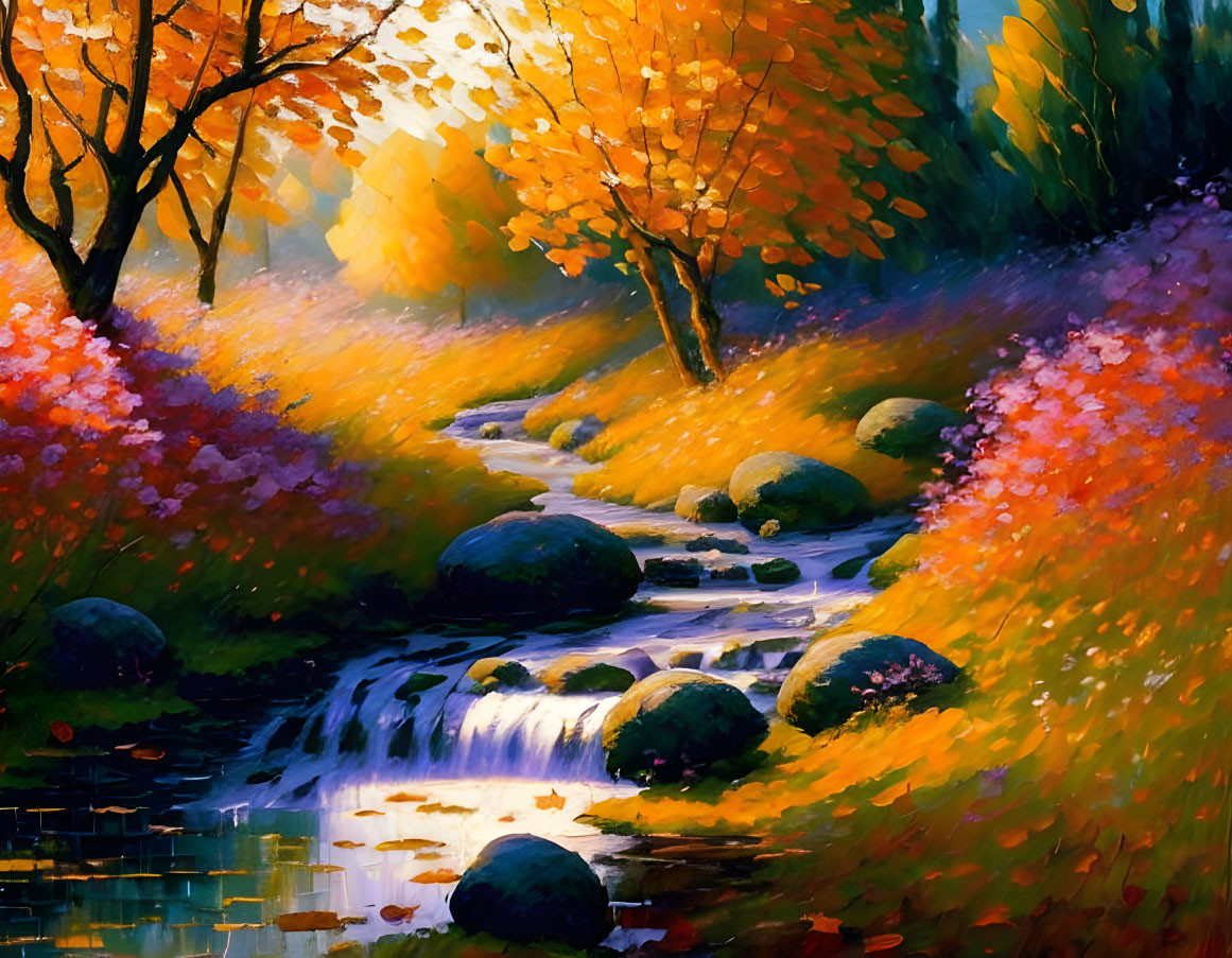 Scenic autumn landscape with cascading stream and golden foliage