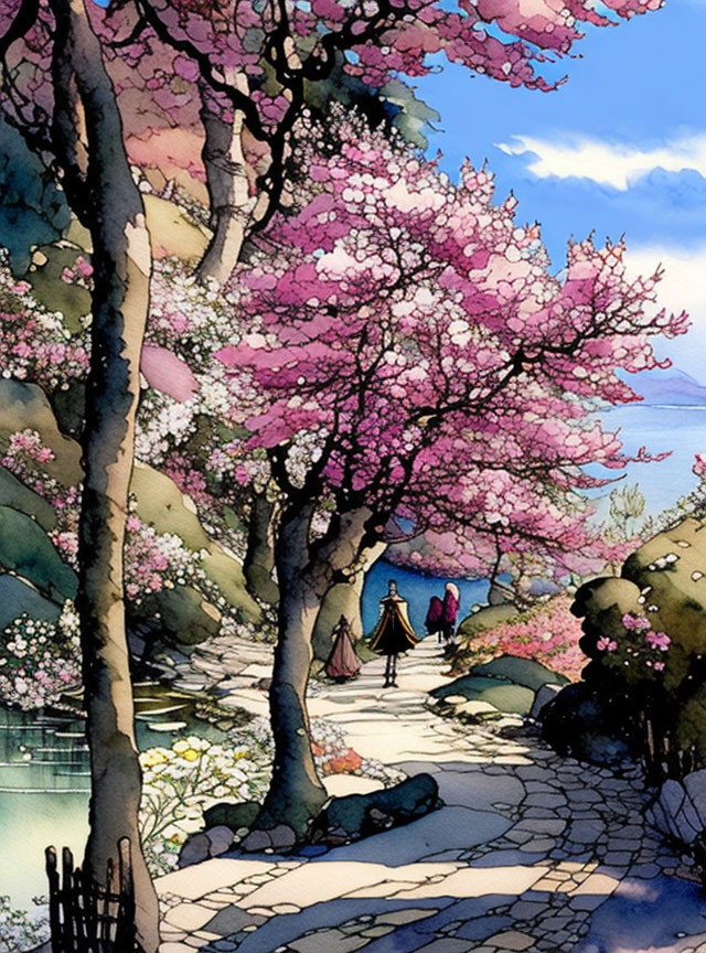 Vibrant cherry blossom scene with people walking by pond