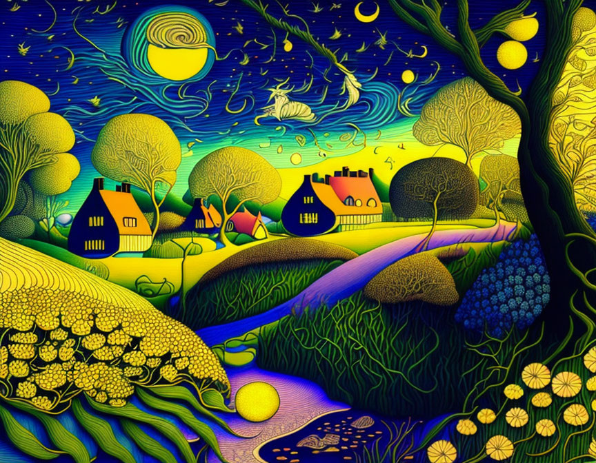 Colorful Night Landscape with Whimsical Elements