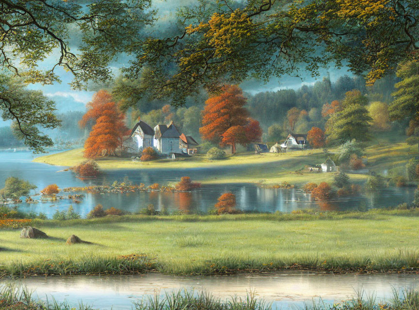 Tranquil autumn landscape with lake, village, and mist