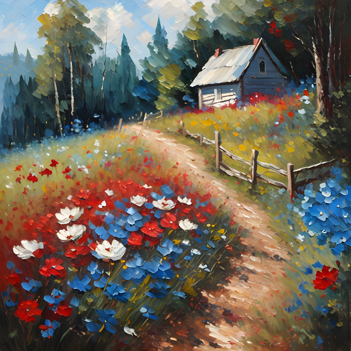 Scenic path to cottage in vibrant oil painting