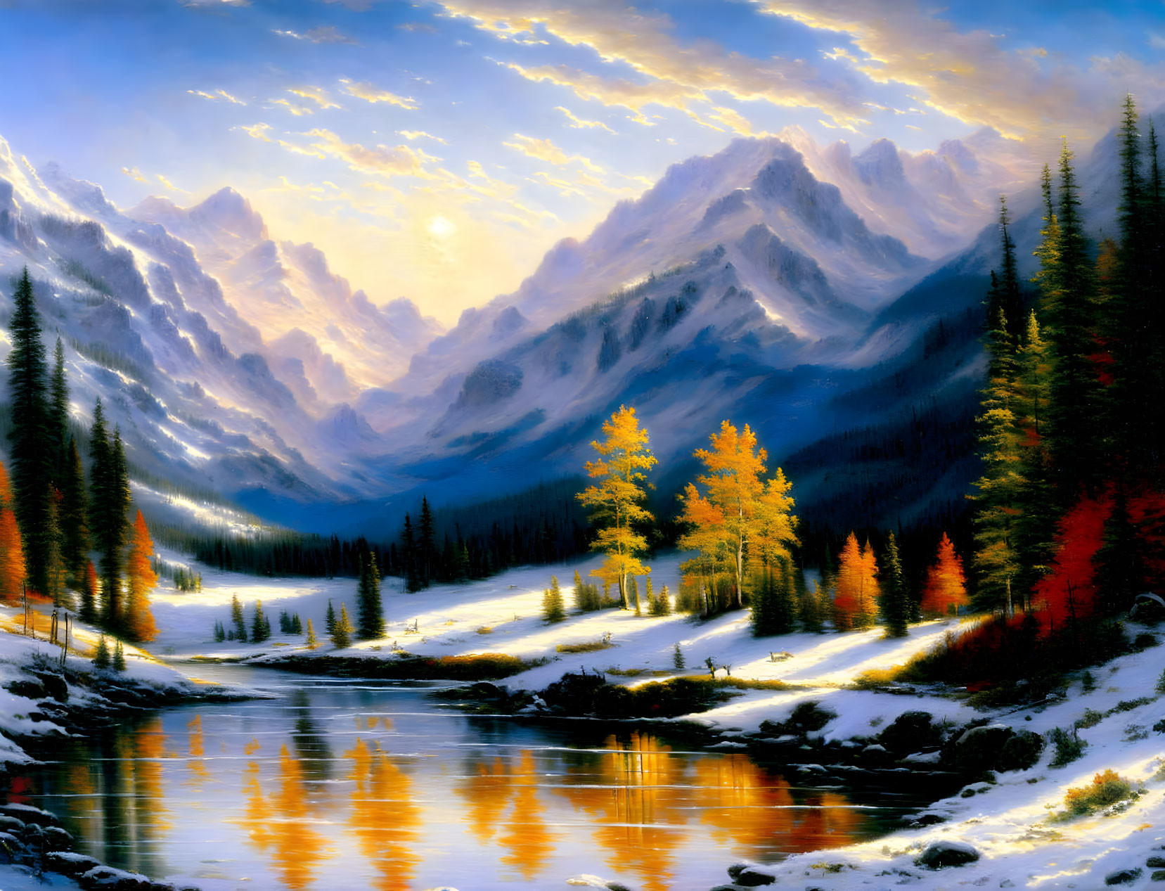 Serene mountain landscape with river, autumn trees, and snow