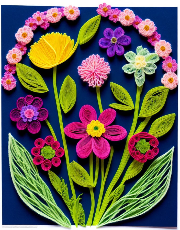 Colorful Quilled Paper Art: Flowers and Leaves on Blue Background