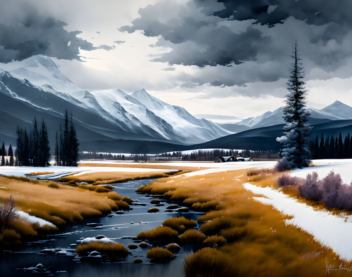 Snowy mountains, river, trees in serene winter landscape