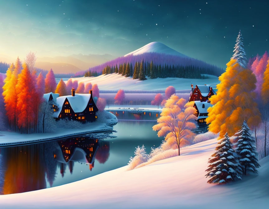 Snow-covered houses and colorful trees in serene winter twilight landscape.