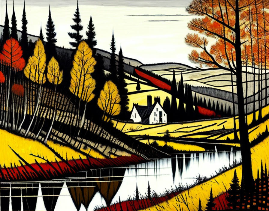 Stylized landscape painting: White house, golden fields, river, autumn trees, black sky