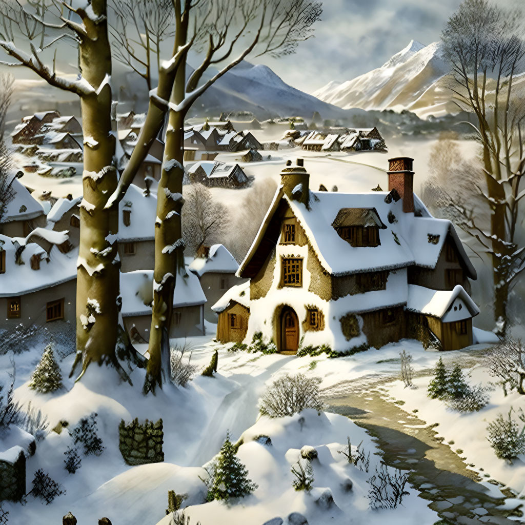 Snowy Winter Village Scene with Houses, Trees, and Mountains