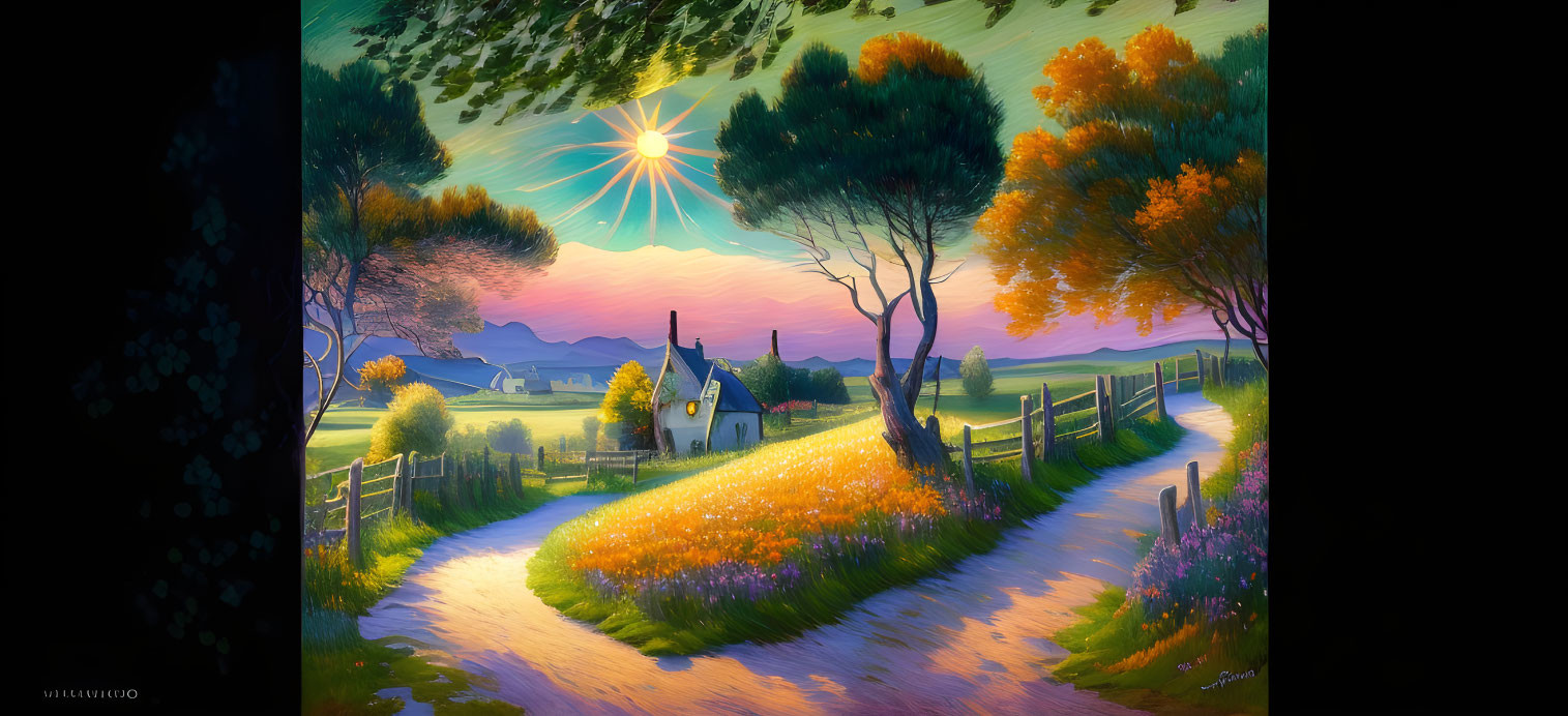 Tranquil countryside landscape with cottage, wildflowers, winding path, trees, and sunset.