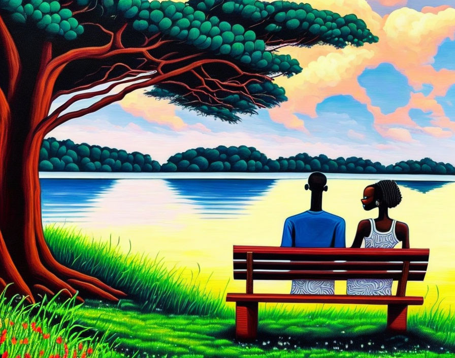 Two people on park bench by lake at dusk with serene view.