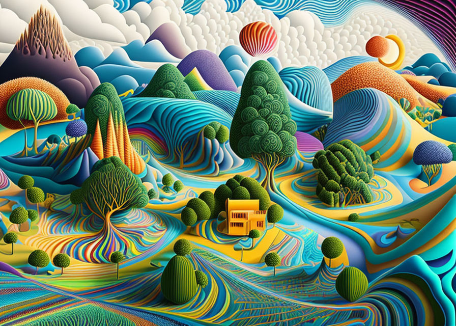 Vibrant digital artwork: surreal landscape with colorful hills, trees, and clouds