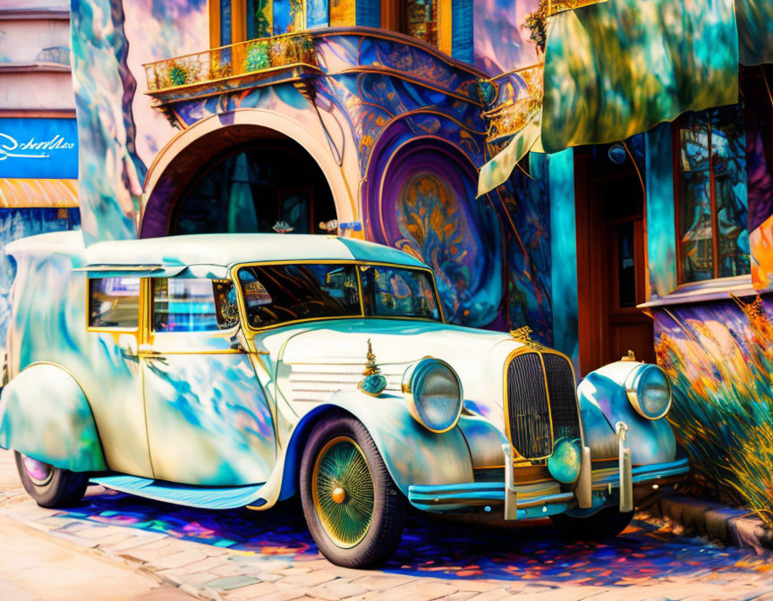 Classic car parked by colorful, artistic building with swirling patterns