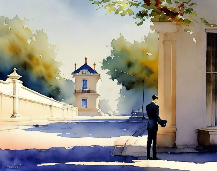 Person in Suit by Classical Building in Watercolor Art