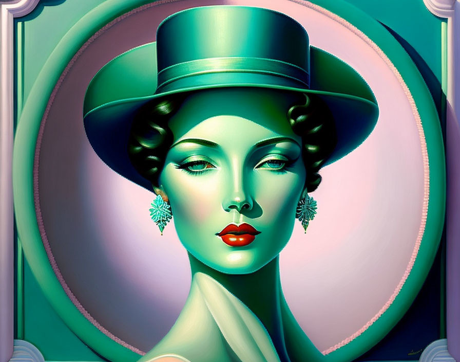 Stylized woman with green hat and red lips on pink and green background