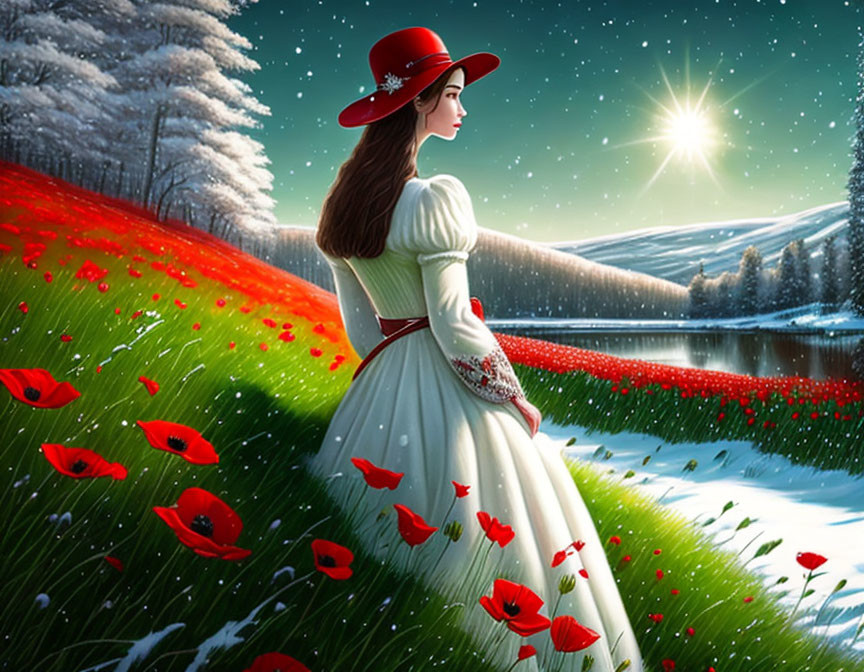 Woman in white dress and red hat in poppy field by river with snowy hills and starlit sky