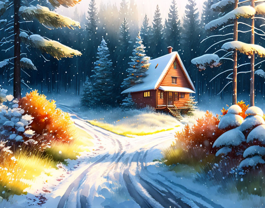 Snowy forest clearing with cozy wooden cabin & warm light