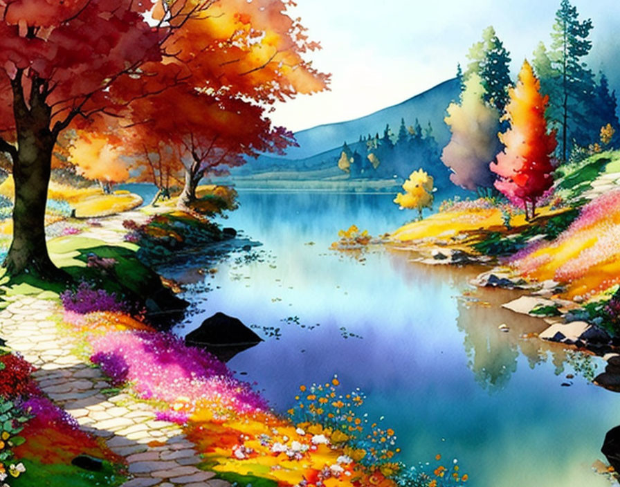 Colorful Autumn Trees Reflecting in Serene Lakeside Scene