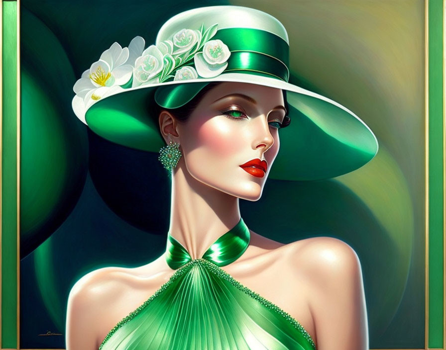 Illustration of elegant woman in green hat, dress, earrings, white flowers, on green background