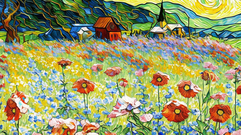 Colorful painting of flower-filled meadow with red barn and houses under swirling sky