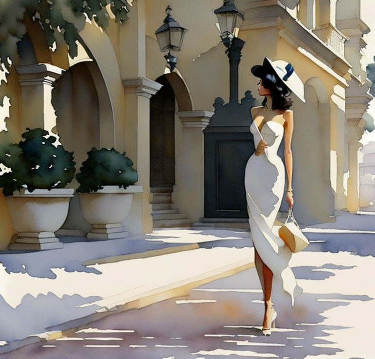 Elegant Woman in White Dress and Hat Strolling on Sunny Street