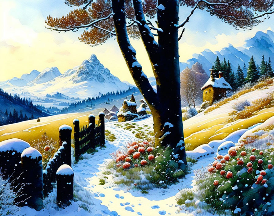 Snow-covered winter landscape with cozy cottage, bare trees, and snowy mountains under blue sky