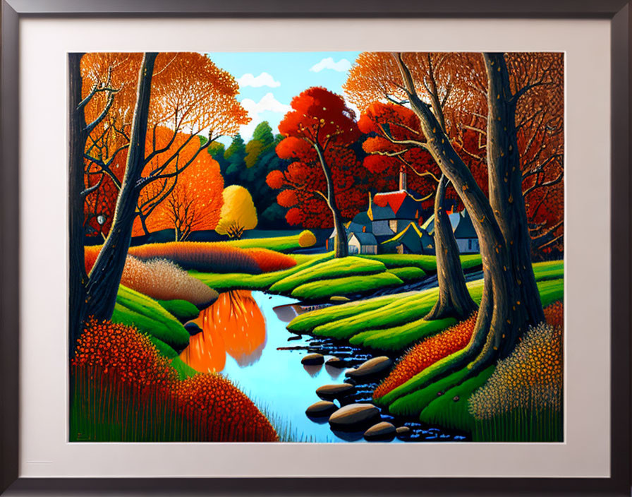 Colorful Autumn Landscape Painting with River Reflections, White Mat, and Black Frame