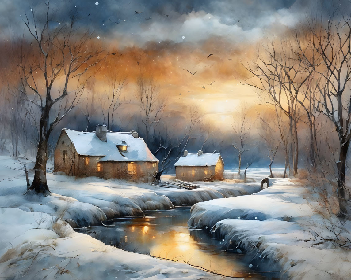 Snow-covered cottages near creek at sunset with bare trees and birds - Winter Landscape at Dusk.