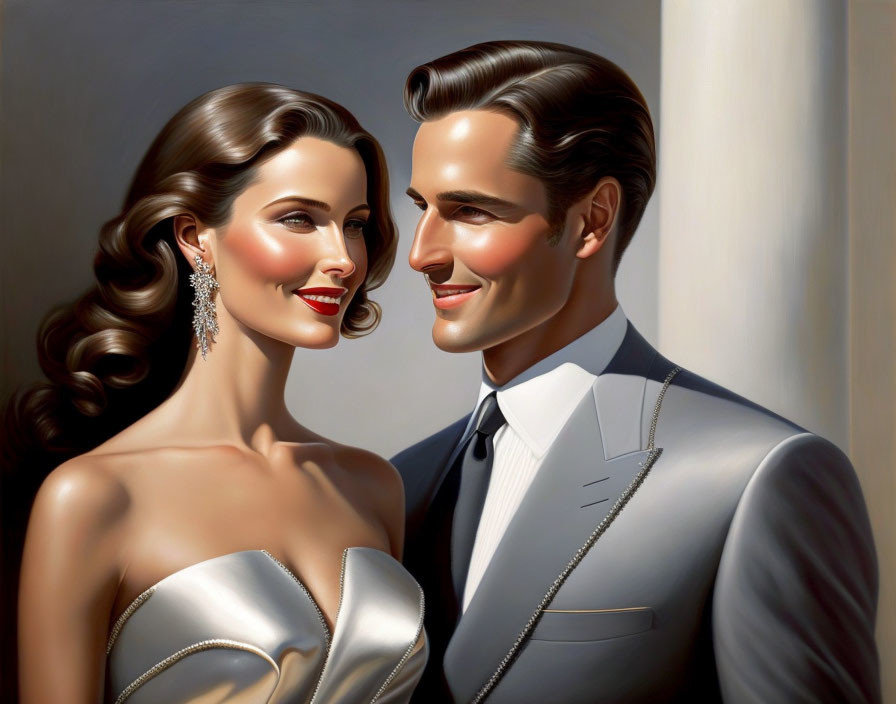 Elegant couple in silver gown and tuxedo gazing affectionately