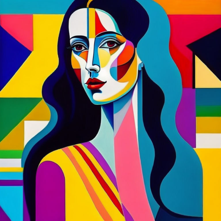 Vibrant Cubist-style portrait of a woman with geometric patterns