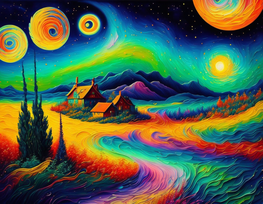 Colorful psychedelic landscape with starry sky and celestial bodies