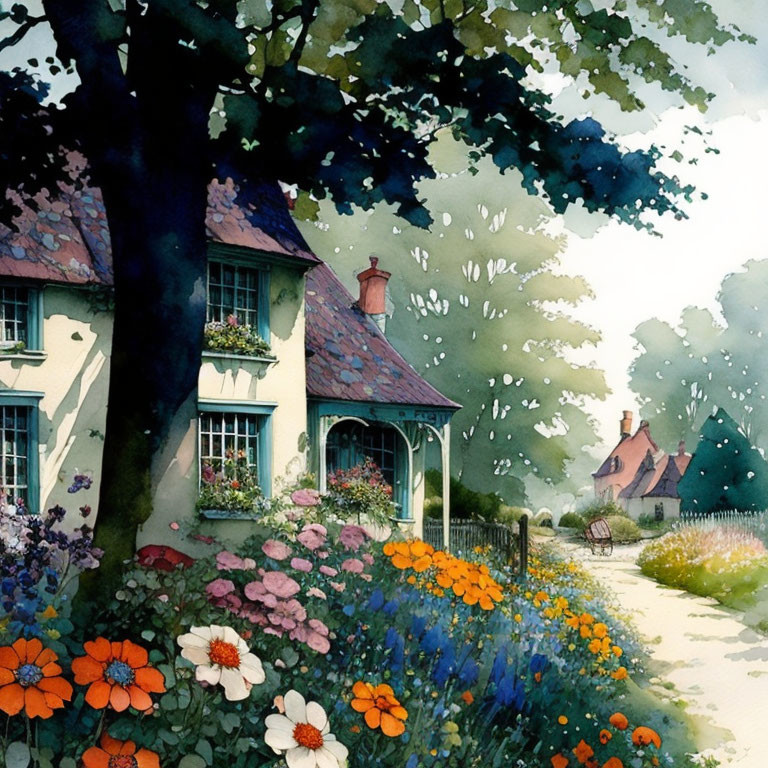 Tranquil watercolor: quaint house, blooming garden, serene village.