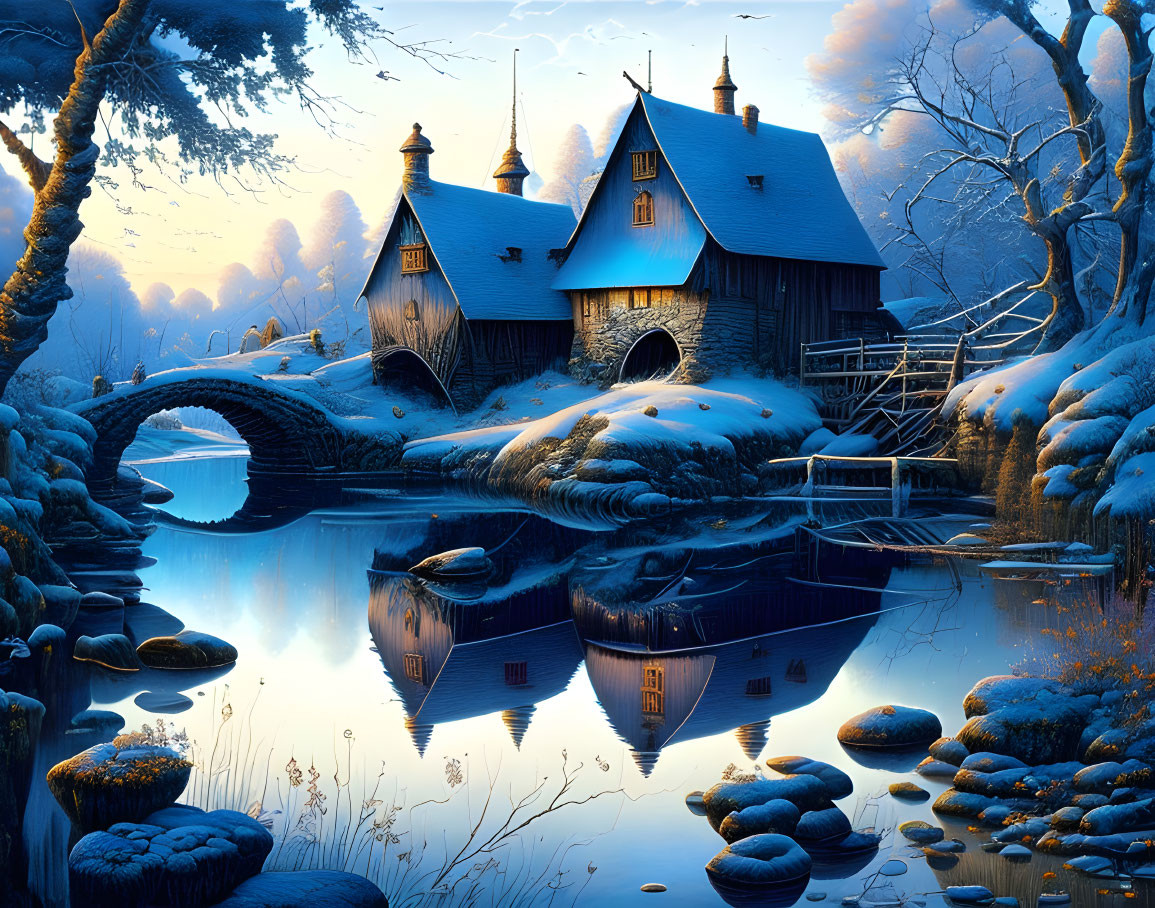 Winter Fantasy Cottage with Stone Bridge Reflection in Tranquil River