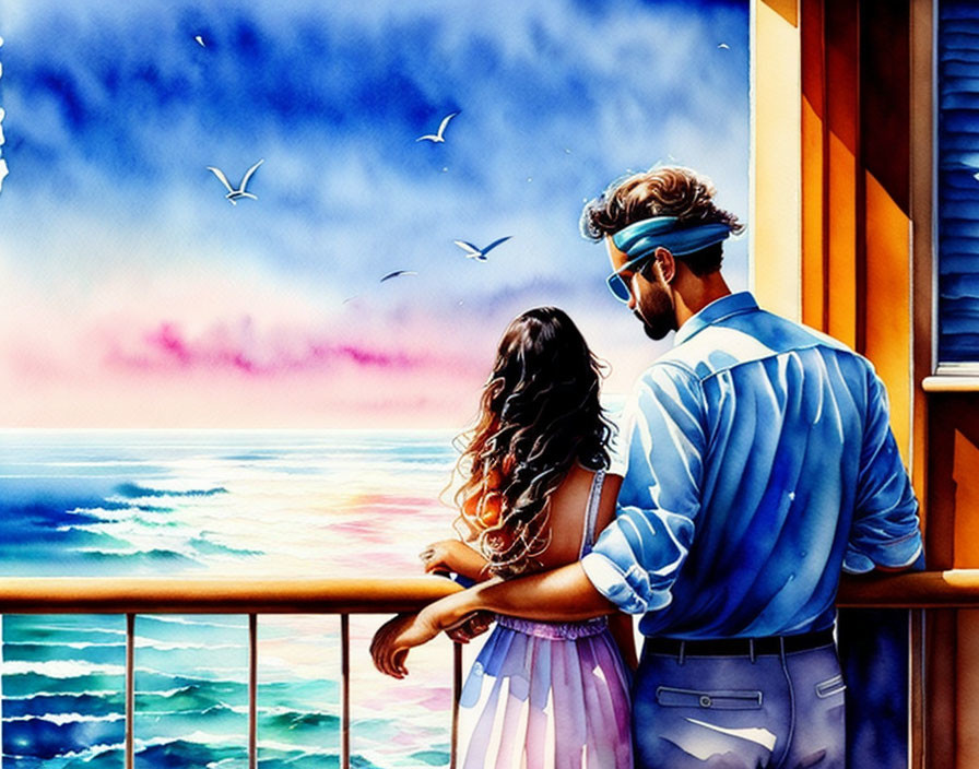 Couple on balcony at sunset with birds flying over sea