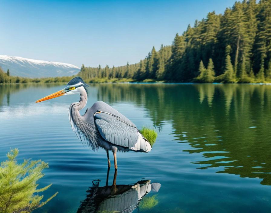 Great Blue Heron by Tranquil Lake with Forest and Mountain